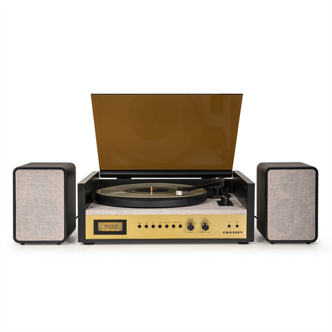GIRADISCHI CROSLEY - CODA - PIATTO - COLORE NERO - CASSE ESTERNE 2.1 / AMPLIFICATORE 40W / INGRESSO WIRELESS / AUX IN / RCA LINE & AUX OUT