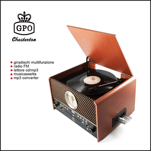 GIRADISCHI GPO CHESTERTON - MULTIFUNZIONE - Colore Marrone | Lettore CD/ Musicassette | Radio DAB| Bluetooth -IN | Casse Integrate
